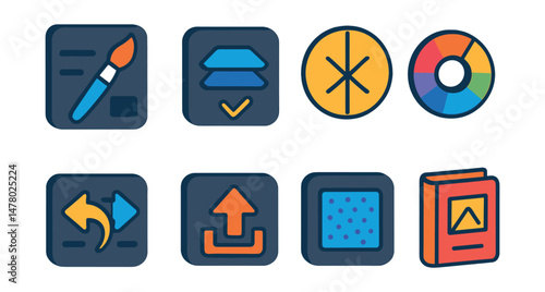 Isometric flat vector set of illustrations of digital sketchbook tools: brush selector, canvas layer toggle, color picker wheel, symmetry guide, texture overlay, undo-redo button, export tab, sketch