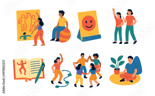 Isometric flat vector set of illustrations of creative dance therapy: body movement chart, rhythm ball, emotion card, guided warm-up, reflection journal, dance path layout, group movement circle,