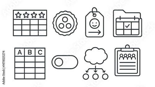 Line style icons of behavioral psychology tools: reward chart icon, token board badge, behavior replacement tag, reinforcement schedule file, behavior ABC tracker chart, stimulus control toggle,