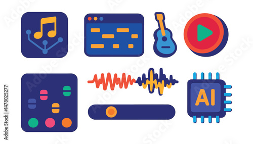 Isometric flat vector set of illustrations of AI music generation tools: melody generator icon, rhythm pattern tab, instrument selector, style preset button, track mixer panel, tempo slider, export