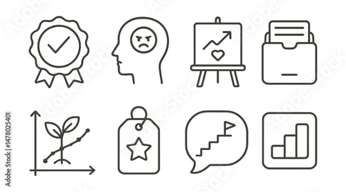 Line style icons of self-esteem and confidence: “I am enough” badge, inner critic icon, confidence builder board, affirmations card file, growth in identity chart, social confidence tag, courage step