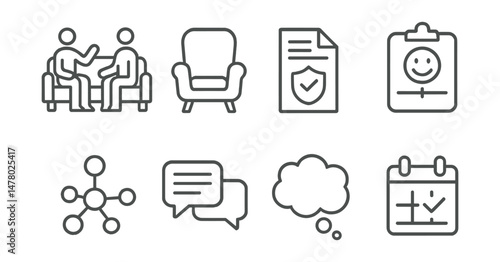 Line style icons of therapy session flow: welcome moment icon, therapist chair badge, safety agreement file, check-in scale board, core theme chart, process together tag, closing reflection bubble,