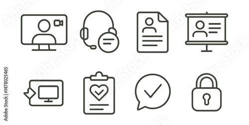 Line style icons of teletherapy and access: video call icon, headset + notes badge, online intake form file, platform guide board, screen sharing tag, e-consent chart, digital check-in bubble, secure