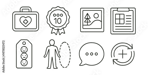 Line style icons of regulation and coping strategies: calm kit icon, breath count badge, safe place imagery file, distress tolerance board, emotion scale tag, body scan chart, soothing self-talk
