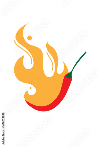 Spicy red chili pepper with stylized orange flame, symbolizing hot and spicy food, heat, and fiery flavor. Isolated on white background. Perfect for food, restaurant, or spice concepts. PNG 