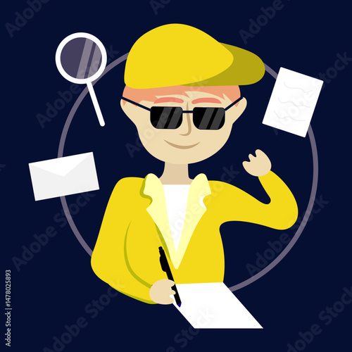 flat illustration of a cool man yellow vector man doing emails writing magnifying glass