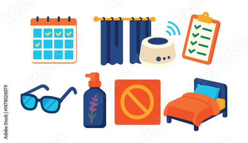 Isometric flat vector set of illustrations of sleep hygiene habits: sleep schedule chart, blackout curtain icon, white noise machine, bedtime routine checklist, blue light blocker glasses, lavender