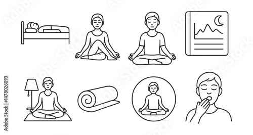 Line style icons of yoga for sleep: bedtime sequence icon, reclining twist badge, breath with eyes closed tag, sleep journal chart, low-light yoga board, blanket roll support file, body in stillness