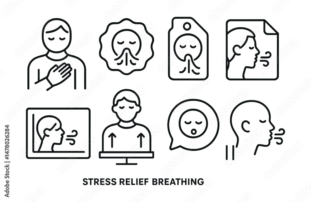 Line style icons of stress relief breathing: hand on chest icon, sigh release badge, tension out breath tag, longer exhale file, breath and relax chart, shoulders down board, reset through breath Line style icons of stress relief breathing: hand on chest icon, sigh release badge, tension out breath tag, longer exhale file, breath and relax chart, shoulders down board, reset through breath