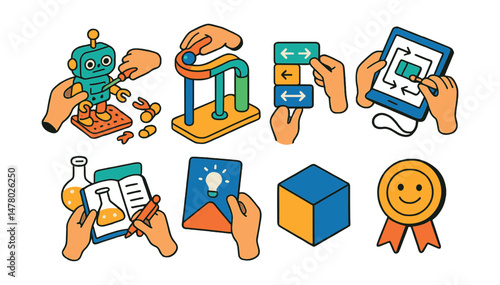 Isometric flat vector set of illustrations of hands-on STEM activities: build-your-own robot kit, marble run track, coding puzzle, solar panel test, experiment logbook, design challenge card, 3D