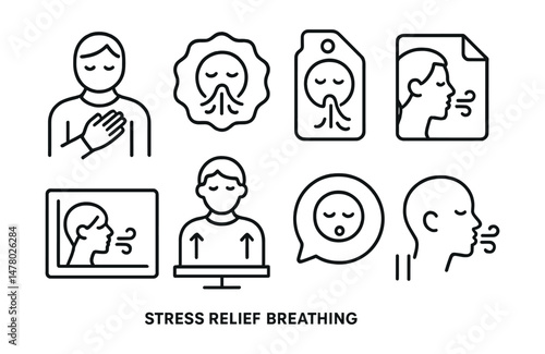 Line style icons of stress relief breathing: hand on chest icon, sigh release badge, tension out breath tag, longer exhale file, breath and relax chart, shoulders down board, reset through breath