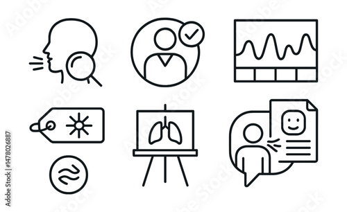 Line style icons of therapeutic breath coaching: breath assessment icon, breath coach badge, pattern awareness chart, emotional state file, cue word tag, healing breath plan board, breath with