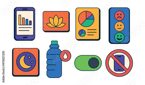 Isometric flat vector set of illustrations of digital wellness dashboard: screen time tracker, mindfulness reminder, app usage pie chart, mood log, sleep quality tab, hydration alert, focus mode