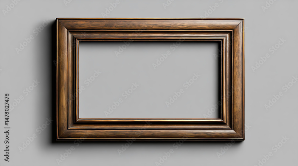 Fototapeta premium Horizontal empty brown wooden frame on gray background mockup for artwork display showcase and picture template for interior