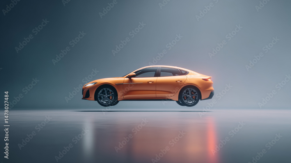 Fototapeta premium An orange luxury car showcased against a smooth blue backdrop.