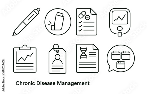 Line style icons of chronic disease management: insulin pen icon, asthma inhaler badge, daily med log file, glucose monitor chart, blood pressure tracking board, patient diary tag, disease education
