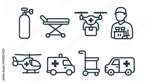 Line style icons of medical transport and logistics: oxygen cylinder icon, stretcher on wheels badge, med drone delivery file, lab sample courier board, emergency helicopter tag, mobile ICU chart,