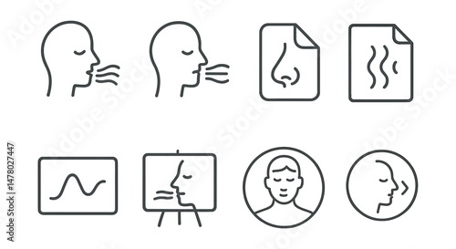 Line style icons of soundless breathing: silent inhale icon, invisible exhale badge, breath inside nose tag, micro-movement file, gentle breath chart, breath without effort board, quiet body bubble,