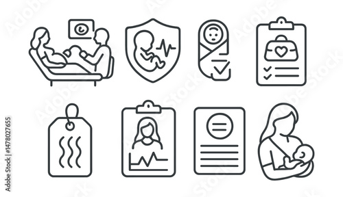 Line style icons of maternal health: prenatal exam icon, fetal heartbeat badge, birth plan file, delivery bag checklist board, contractions tracker tag, postpartum care chart, newborn file bubble,