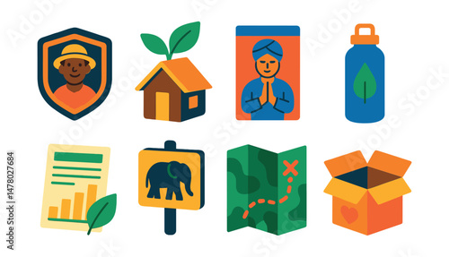 Isometric flat vector set of illustrations of ethical tourism practices: local guide badge, eco lodging icon, cultural etiquette card, reusable water bottle, carbon offset form, wildlife respect sign