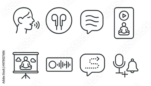 Line style icons of guided meditations: voice guide icon, earbuds badge, calm voice tag, meditation app screen chart, spoken visualization board, 10-minute audio file, journey script bubble, voice +