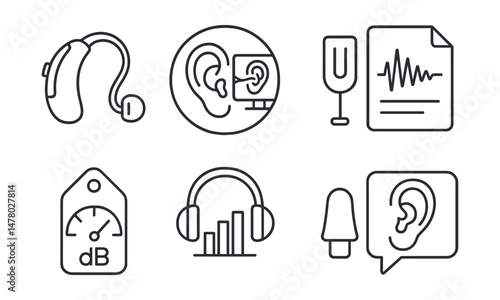 Line style icons of hearing and audiology: hearing aid icon, ear canal scan badge, sound test file, tuning fork board, decibel meter tag, headphone screening chart, ear plug symbol, hearing report