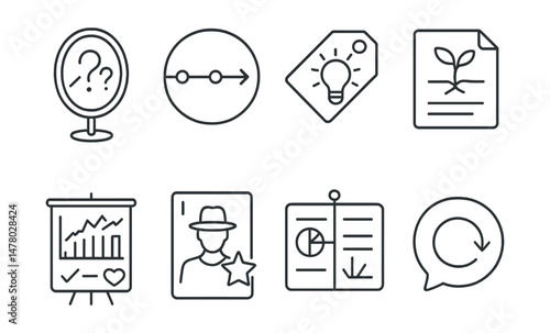 Line style icons of self-reflection and growth: mirror with questions icon, life timeline badge, daily insight tag, growth from failure file, behavior reflection chart, goals and values board,