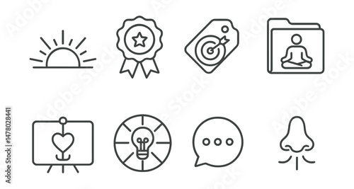 Line style icons of intention setting in meditation: new day intention icon, theme of the week badge, choose a focus tag, “why I sit” file, anchor to value board, light as purpose chart, meaning