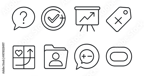 Line style icons of motivational interviewing: open-ended question icon, reflect + affirm badge, evoke change board, resistance check tag, goals with values chart, non-judgmental stance file,