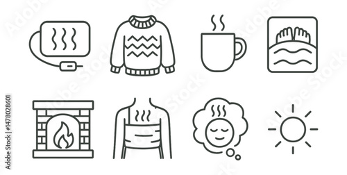 Line style icons of warmth and comfort: heating pad icon, cozy sweater badge, warm drink tag, covered feet file, fireplace board, thermal wrap chart, heat and rest bubble, gentle glow symbol.