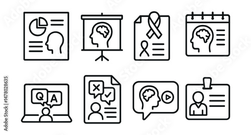 Line style icons of psychoeducation and outreach: infographic page icon, psychoeducation slide badge, flyer for awareness tag, mental health week board, Q&A session chart, myth vs truth file,