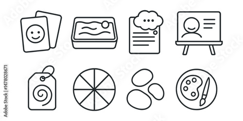 Line style icons of therapy tools and materials: feelings cards icon, sand tray badge, thought log file, whiteboard in session board, grounding object tag, emotion wheel chart, metaphor stone set,