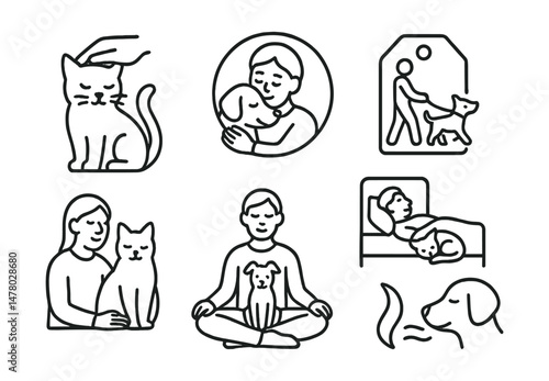 Line style icons of relaxation with pets: stroking cat icon, dog cuddle badge, walk with animal tag, pet and rest file, calm by presence board, sit with fur chart, animal as grounding bubble, tail