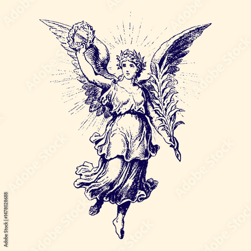 Celestial Messenger: A classical artistic illustration depicting a celestial figure, adorned with wings and a laurel wreath, radiates divine light.