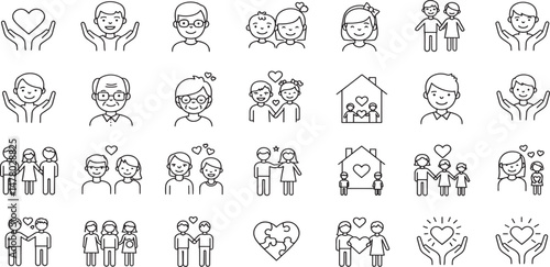 Family and Love Line Editable Icons set. Vector illustration in modern thin line style of relationships related icons: traditional and lgbtq couple, family members, symbols of love, and more