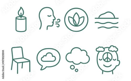 Line style icons of inner calm and peace: candle and breath icon, calm symbol badge, still water tag, peace in motion file, soft color chart, empty chair board, spacious moment bubble, clear sky mind