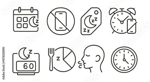 Line style icons of healthy sleep habits: consistent schedule icon, digital curfew badge, unwind hour tag, screen-free time file, same wake-up board, early dinner chart, pre-bed breathing bubble,