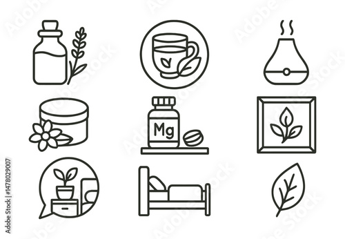 Line style icons of natural sleep aids: lavender oil icon, herbal tea badge, sleep balm tag, aroma diffuser file, magnesium supplement board, soothing scent chart, plant by bed bubble, natural aid