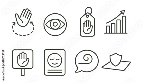 Line style icons of trauma-informed yoga: choose your pace icon, open eyes welcome badge, consent for assist tag, slow transitions chart, grounding cue board, no pressure space file, anchor to breath
