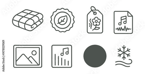 Line style icons of sensory sleep supports: weighted blanket icon, soft texture badge, familiar scent tag, white noise file, calming visuals board, soothing tones chart, tactile comfort bubble, cool