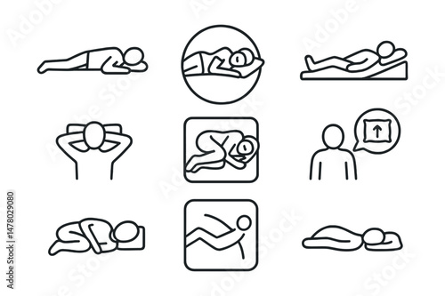 Line style icons of sleeping positions and comfort: stomach sleep icon, side with pillow badge, back on support tag, arms in comfort file, curled legs board, rotate and relax chart, pillow adjustment