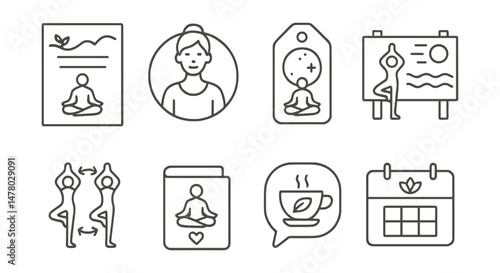 Line style icons of yoga events and community: yoga retreat flyer icon, teacher intro circle badge, full moon class tag, beach yoga board, peer partner flow chart, donation-based practice file, tea