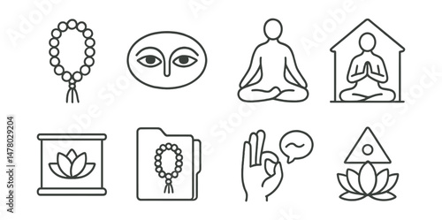 Line style icons of spiritual and meditative yoga: mantra bead icon, eyes of focus badge, silent sit tag, posture with prayer chart, sacred space board, mantra repetition file, mudra with breath
