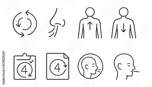 Line style icons of basic breathing techniques: inhale/exhale symbol, nose breathing badge, chest rise tag, belly breath chart, count-to-four board, slow breath cycle file, breath in stillness bubble