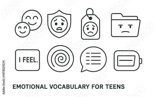 Line style icons of emotional vocabulary for teens: happy + proud icon, scared + unsure badge, overwhelmed tag, bored or numb file, anxious swirl board, “I feel…” card chart, emotion list bubble,