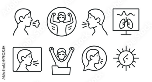 Line style icons of energizing breathwork: breath of fire icon, breath + arm movement badge, quick inhale tag, stimulate lungs chart, power exhale board, morning wake-up file, energize with breath