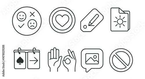Line style icons of nonverbal options in therapy: nod or shake icon, color a feeling badge, write before talking tag, draw the day file, card flip board, signal with hands chart, image choice bubble,