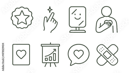 Line style icons of tiny acts of kindness to self: small win sticker icon, light touch badge, smile at mirror tag, hand on heart file, “I care” card board, celebrate one thing chart, effort over