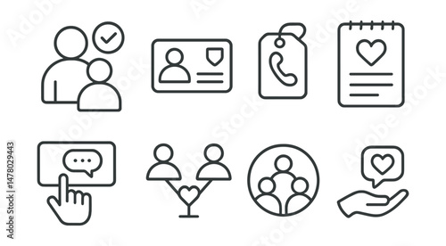 Line style icons of support outside self: trusted contact icon, resource card badge, helpline number tag, therapy journal file, “reach out” board, peer support chart, group circle bubble, ask without