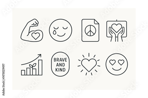Line style icons of celebrating softness: “soft is strong” icon, courage with tears badge, emotional strength tag, choose peace file, comfort in pause board, hold and grow chart, brave and kind
